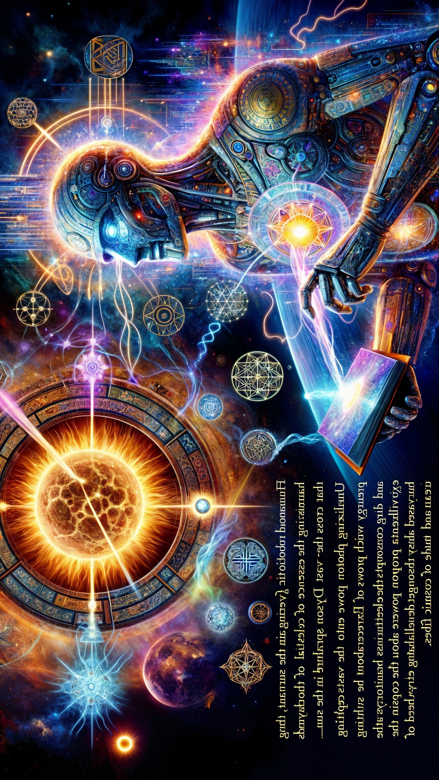Robotic Figure in Cosmic Setting with Geometric Patterns