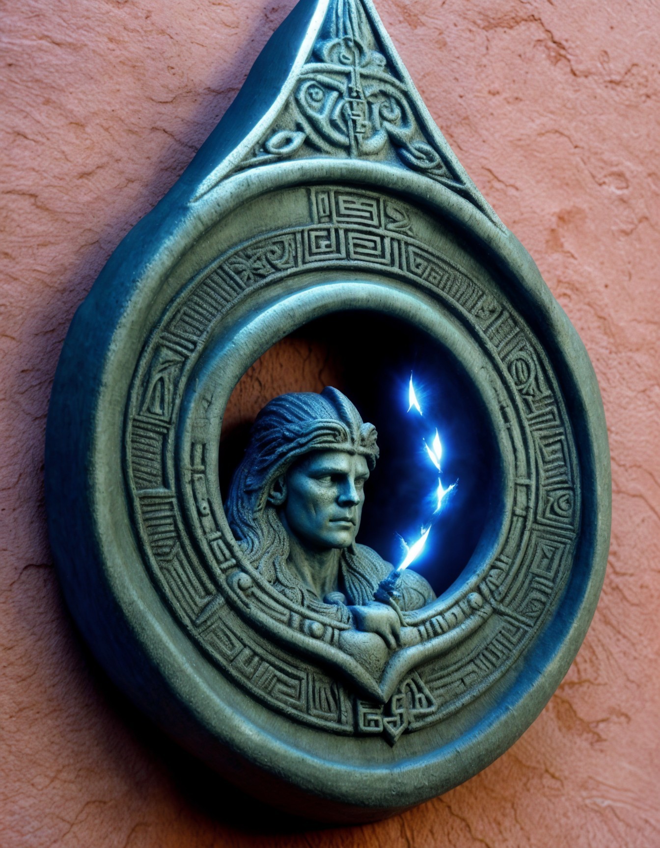 Stone Sculpture of Warrior with Electric Blue Weapon