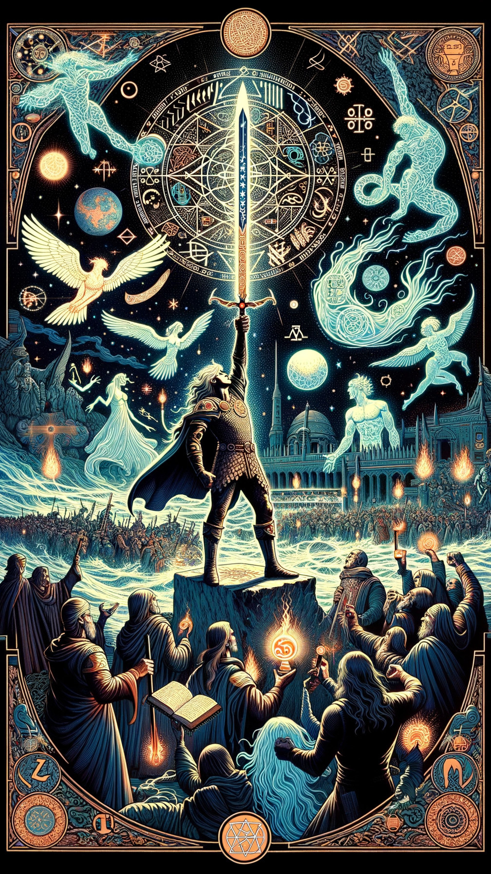 Cloaked Figure with Glowing Sword in Mystical Landscape