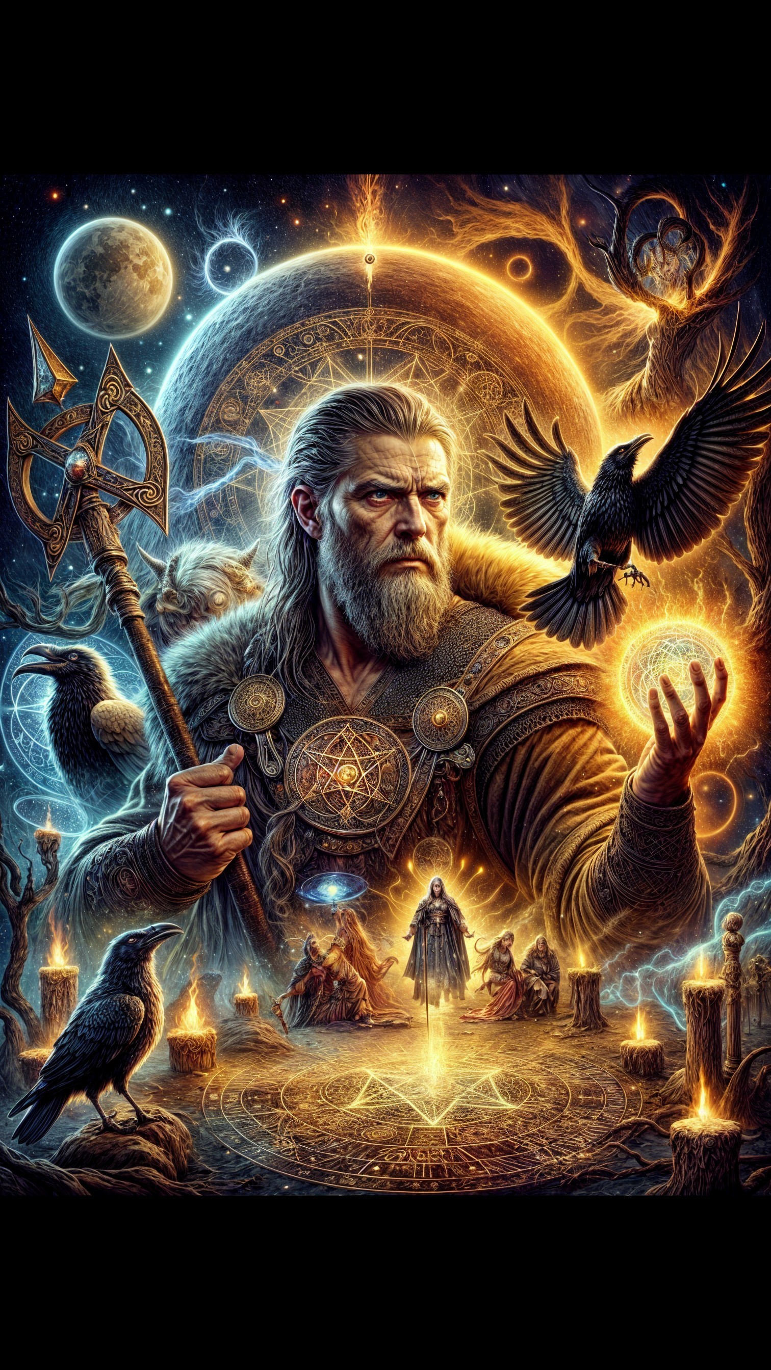 Norse God Figure with Staff and Mystical Symbols