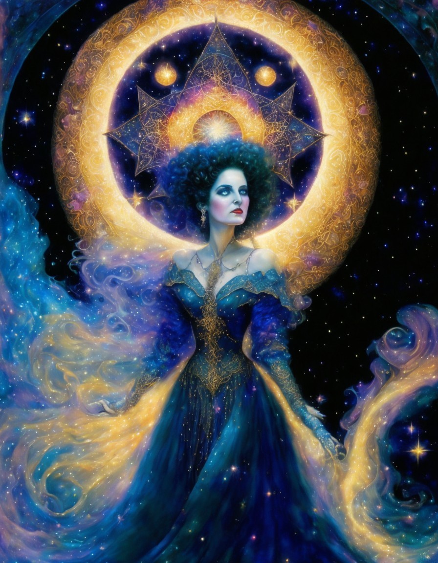 Mystical Woman in Cosmic Landscape with Halo