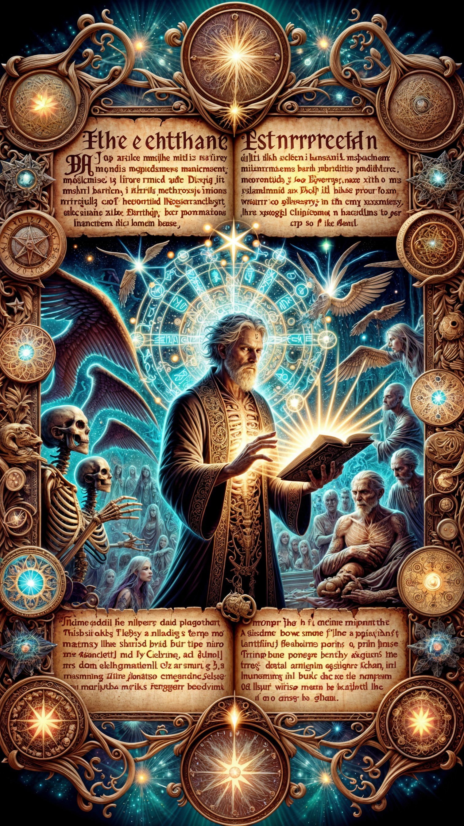 Ornate mystical scene with a wise figure and celestial motifs