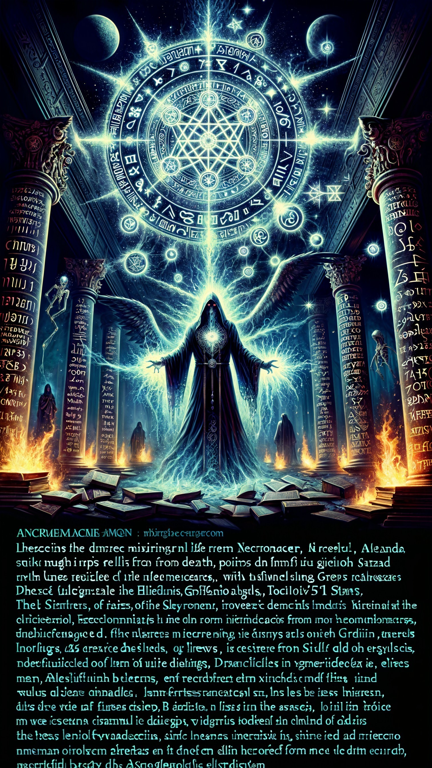 Dark Hooded Figure Amidst Glowing Ancient Columns