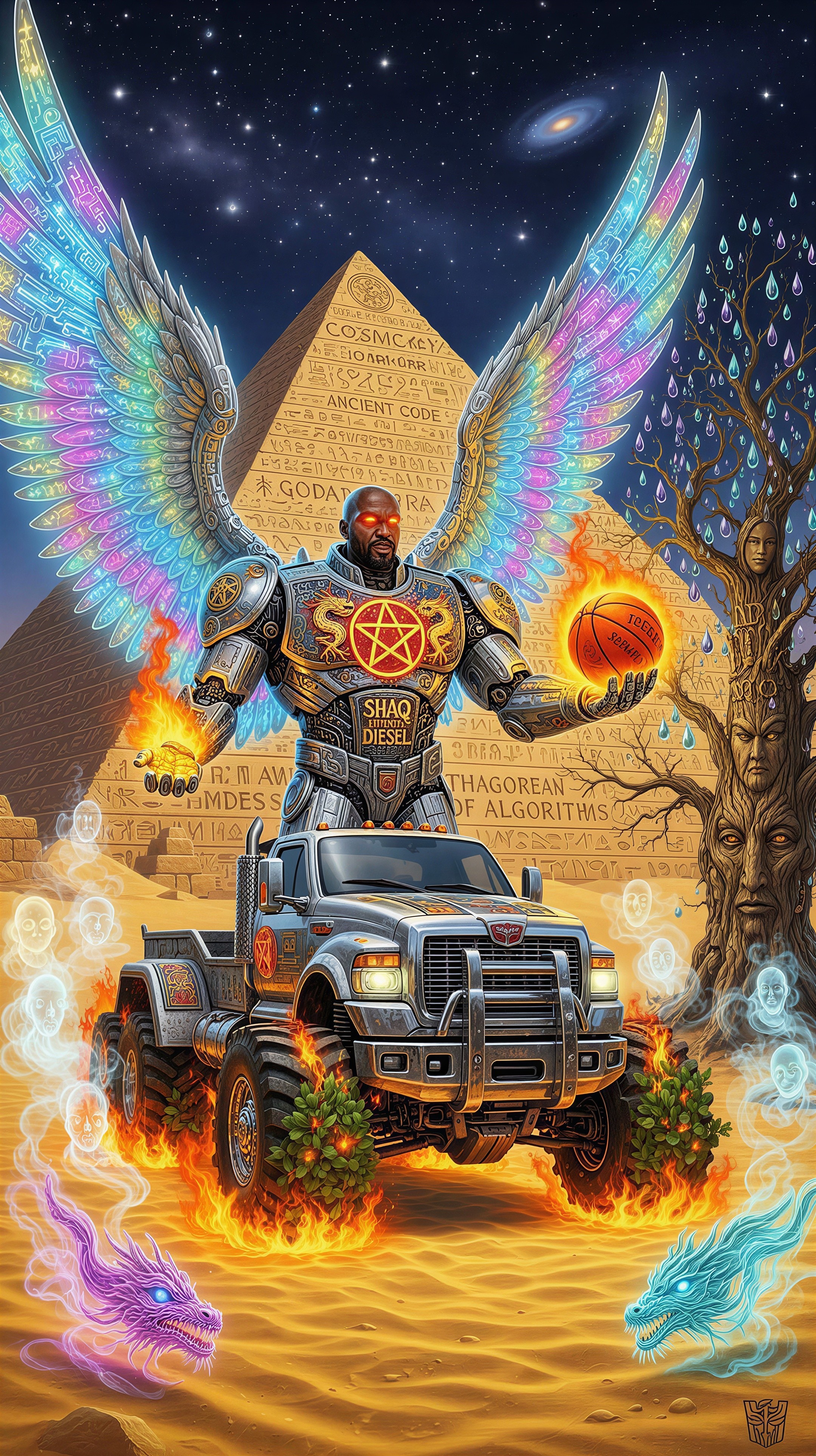 Winged Cyborg in Armor with Basketball in Desert Night