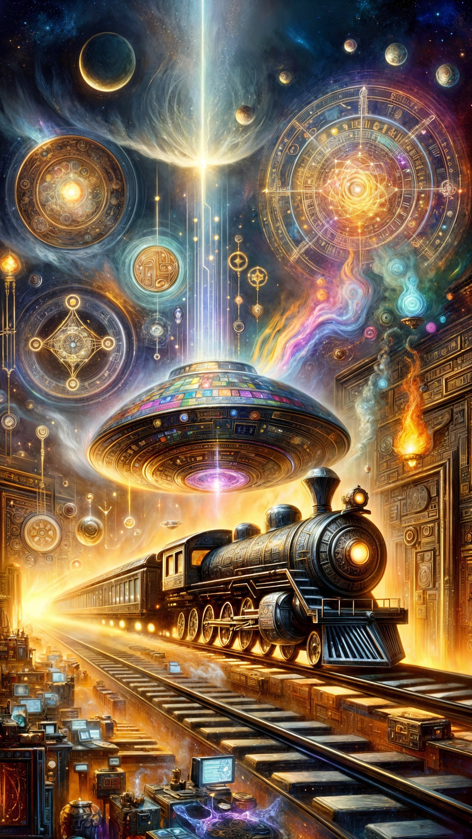 Vintage steam train on glowing railway in cosmic scene