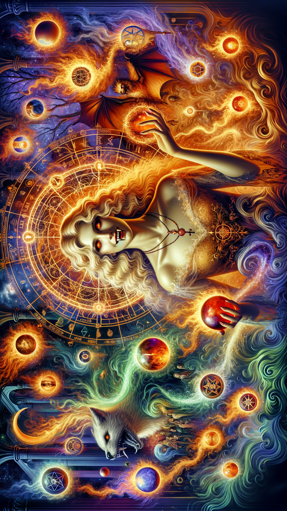Mystical Artwork with Woman, Cosmic Elements, and Wolf