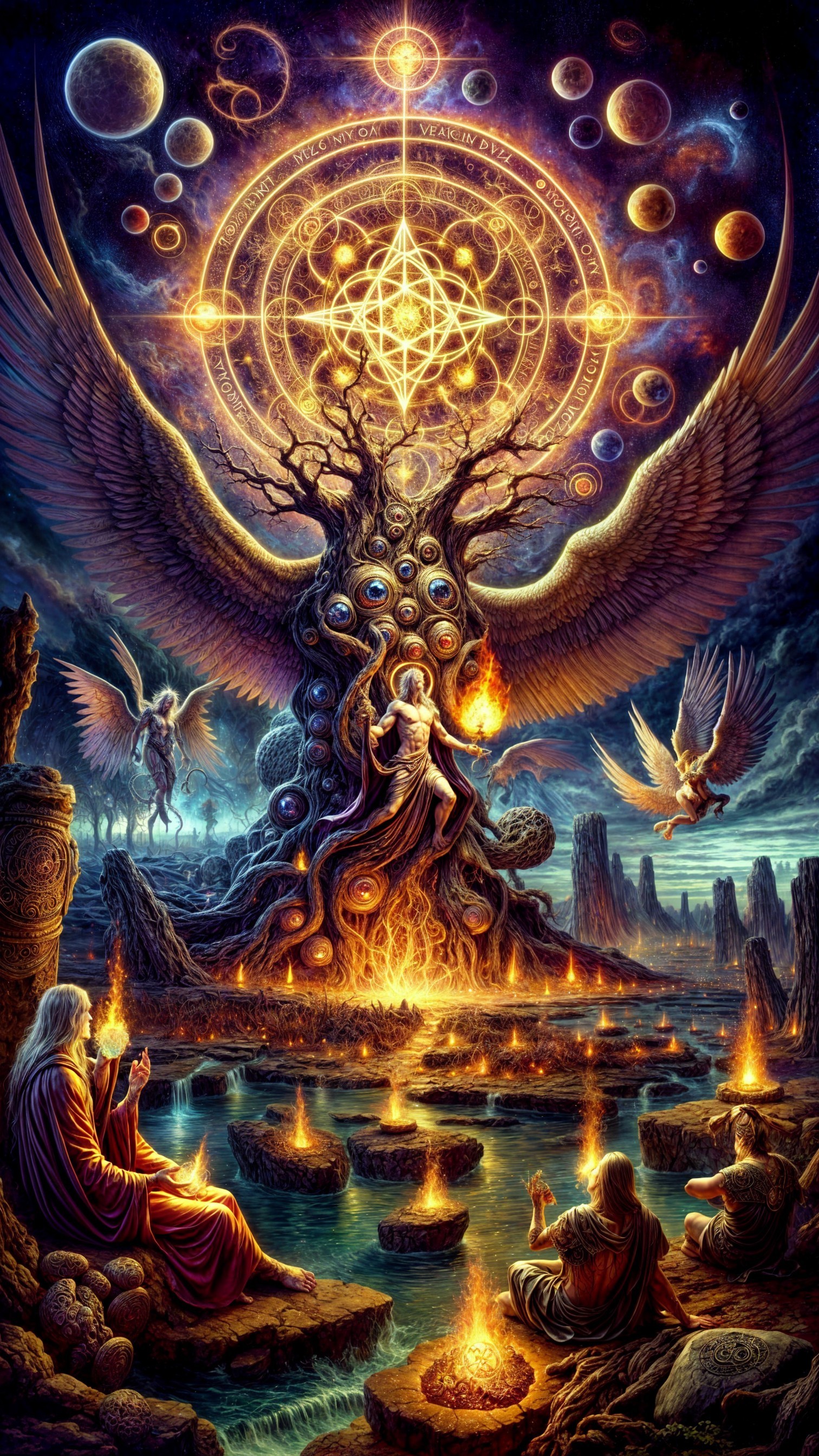 Mystical Scene of a Colossal Tree and Ethereal Beings