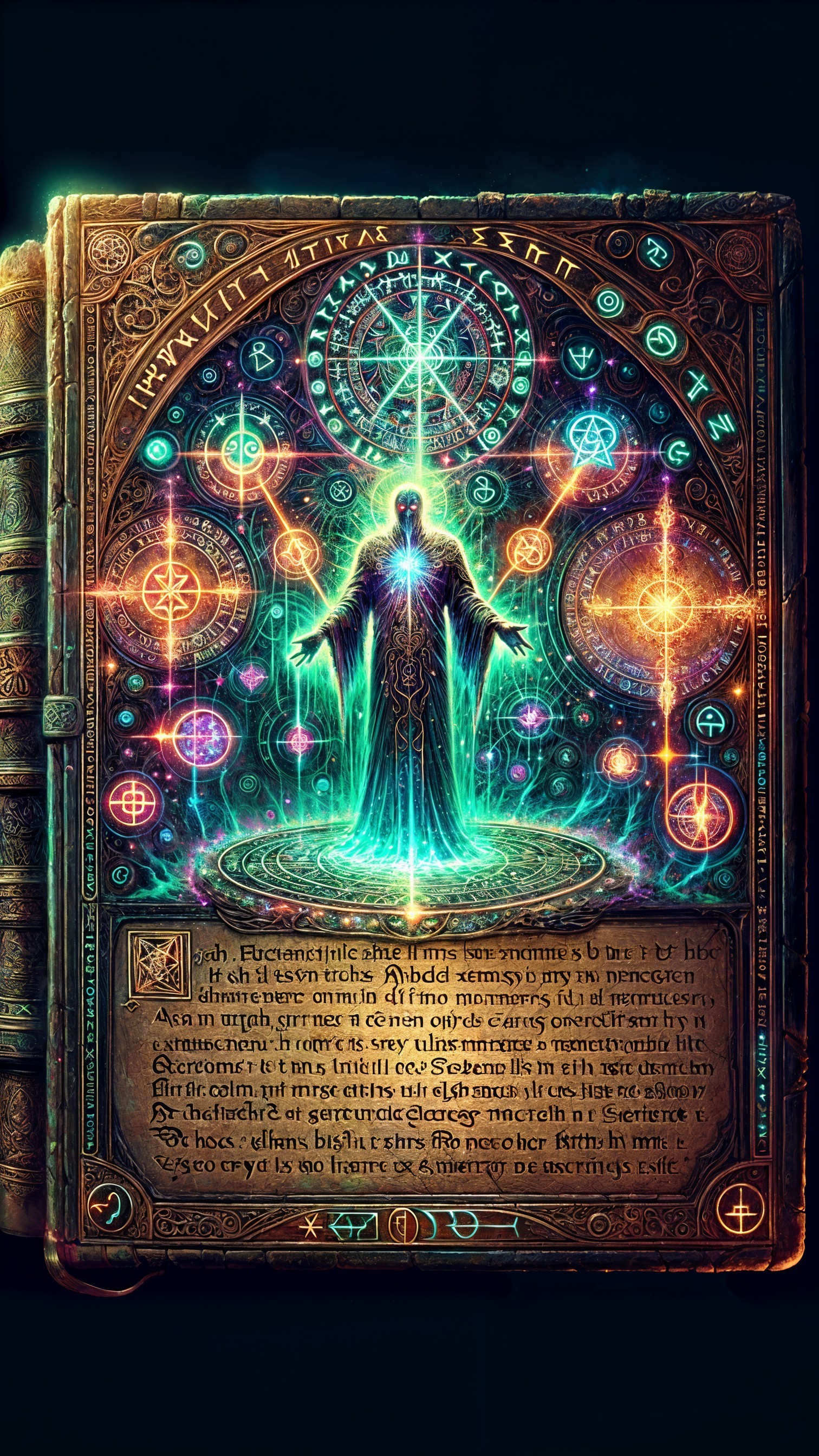 Ancient Book Page with Mystical Figure and Symbols