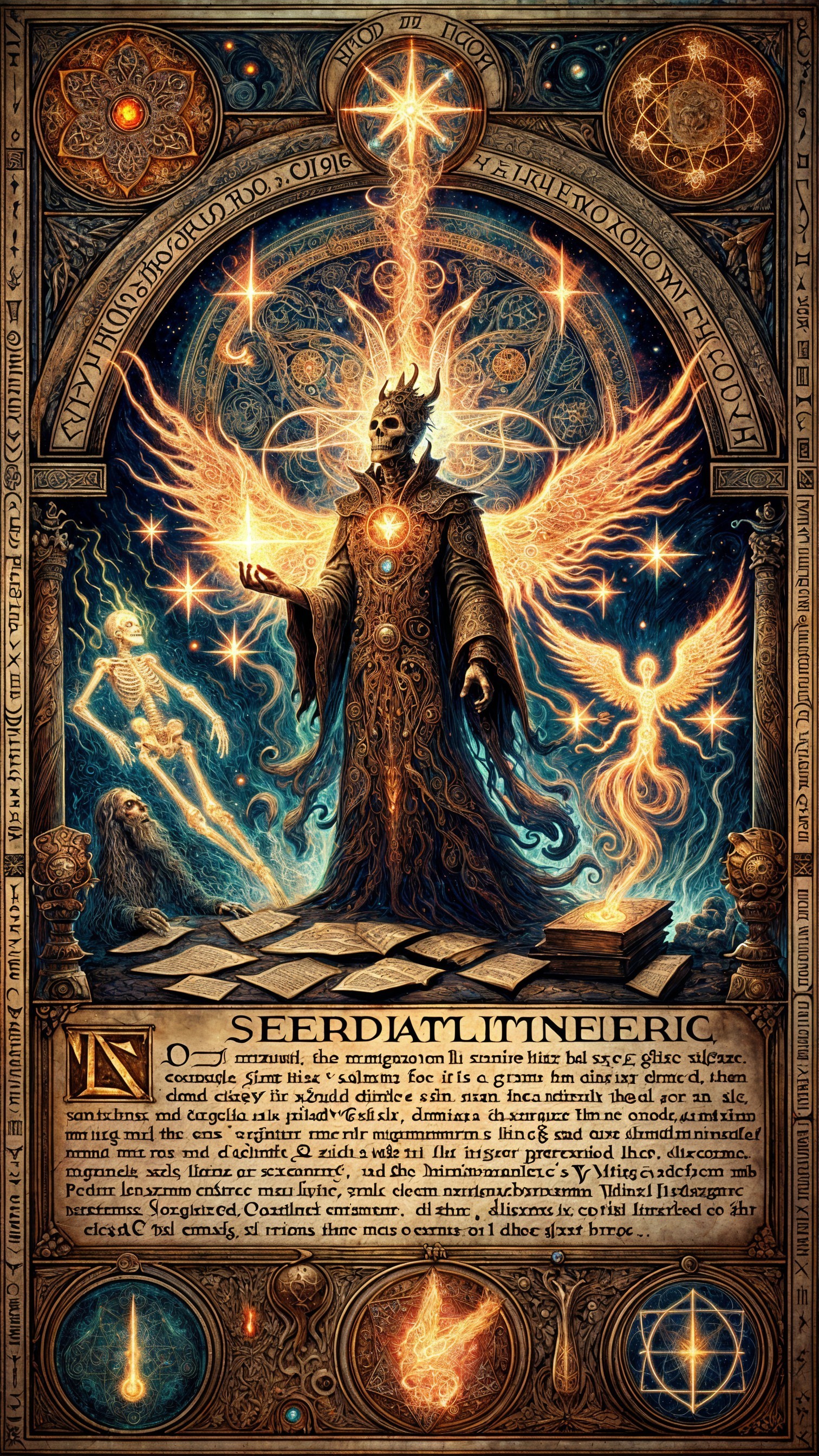 Mystical Figure on Platform with Cosmic Elements