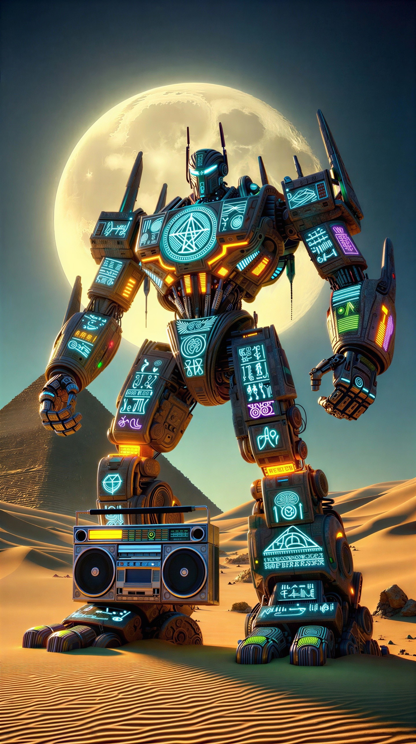 Robotic Mecha Armor in Desert with Full Moon and Pyramid