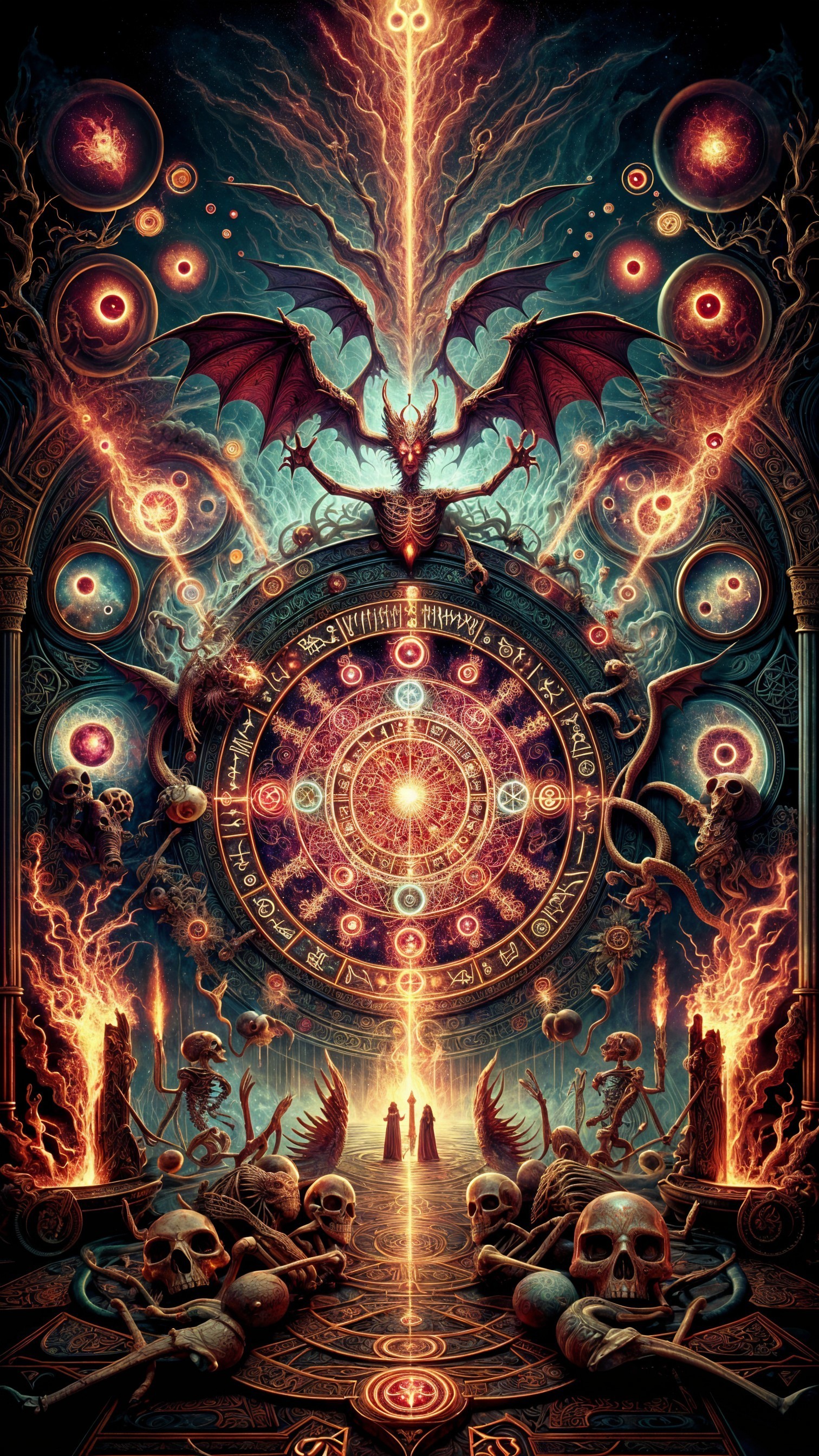 Dark Mystical Scene with Dragon and Intricate Design