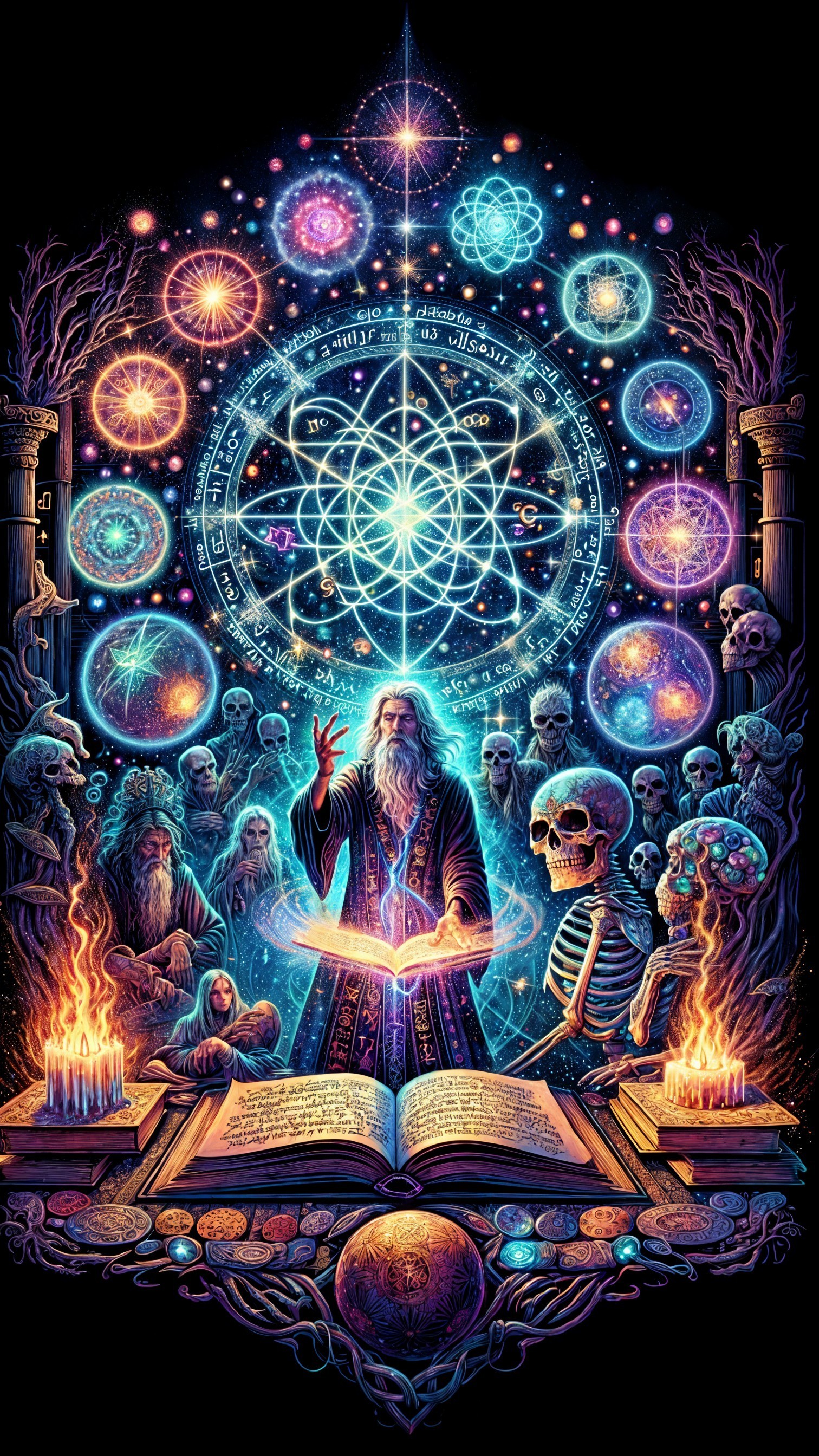 Mystical Scene with Wise Figure and Cosmic Backdrop
