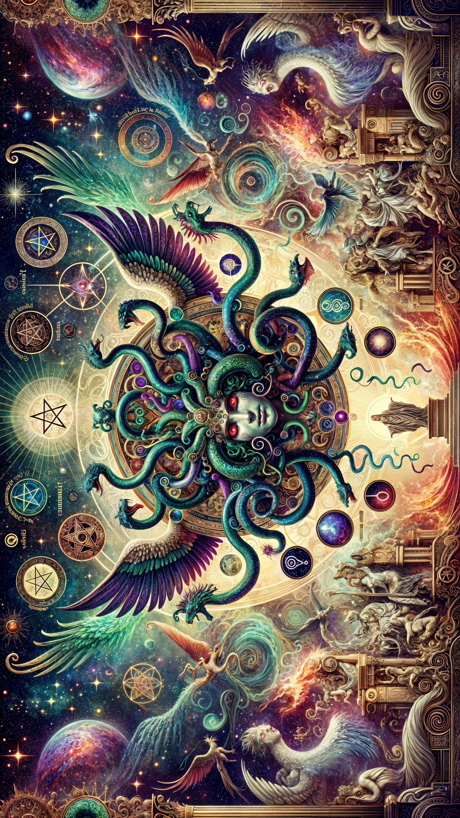 Cosmic Scene with Mythical Creature and Celestial Elements