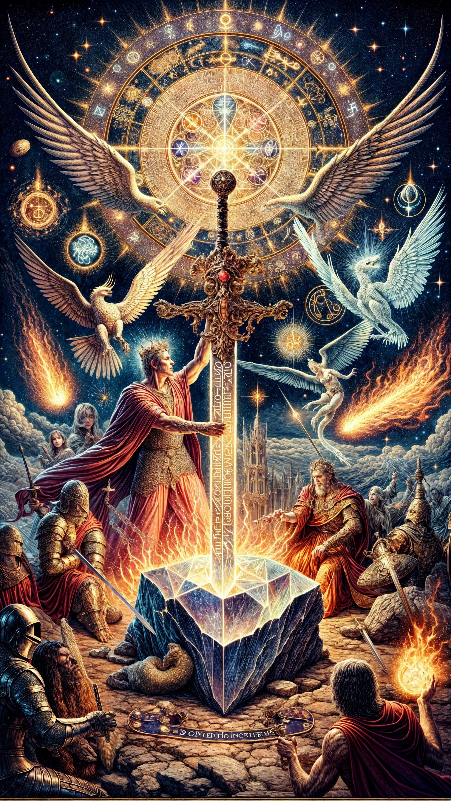 Majestic sword and celestial figures in mystical scene