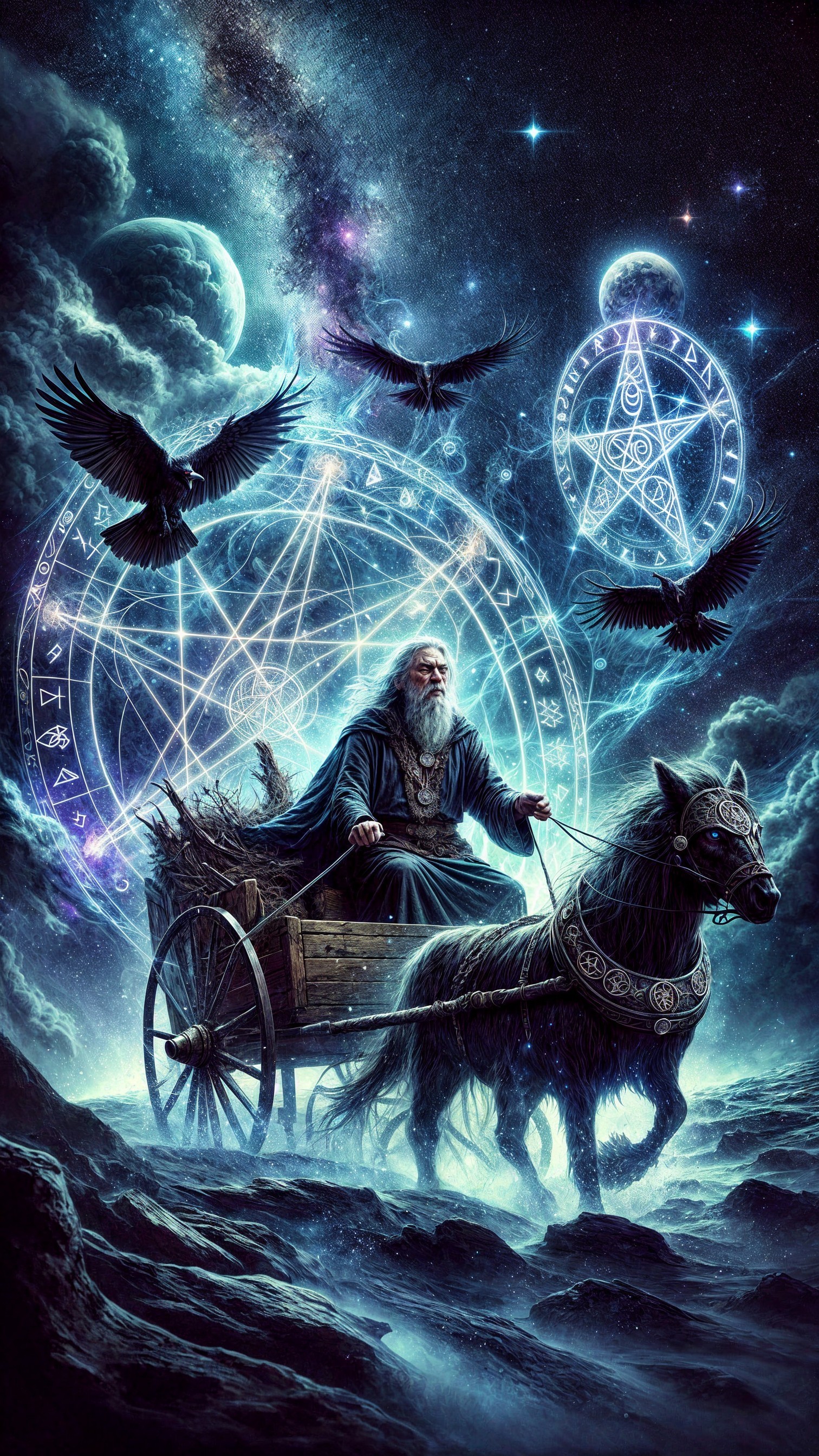 Elderly Figure in Cart Amidst Cosmic Mystical Scene