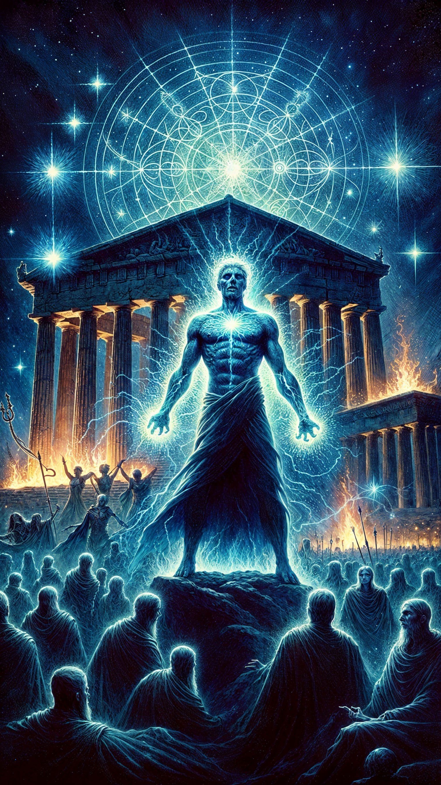Mystical Figure Surrounded by Ancient Temple and Shadows