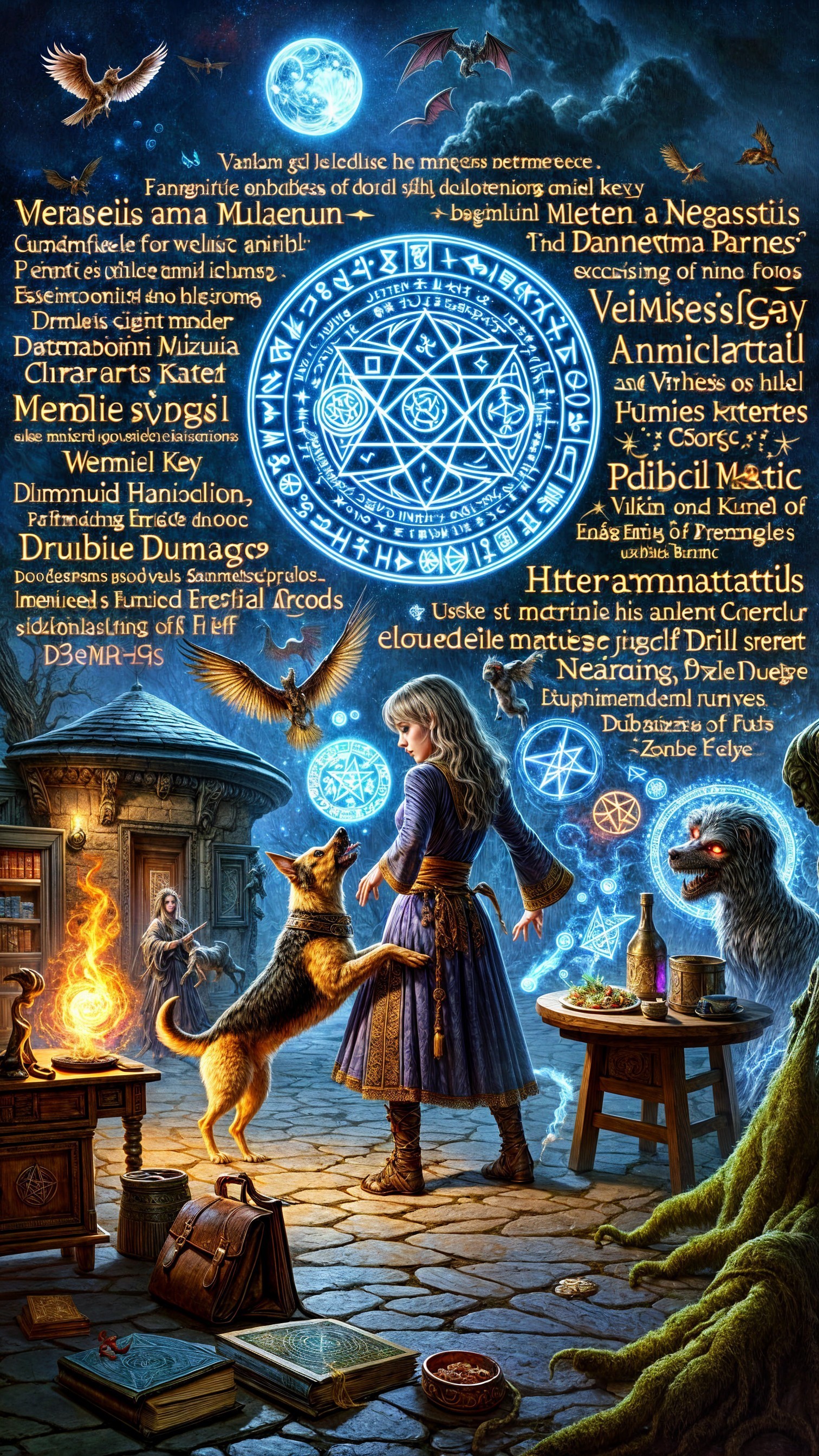 Mystical Library Scene with Young Woman and Dog