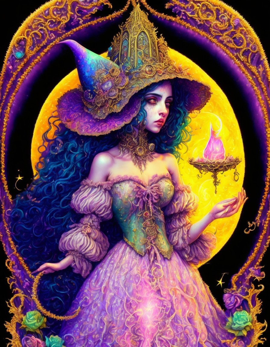 Mystical Woman in Ornate Gown and Lantern Under Moon