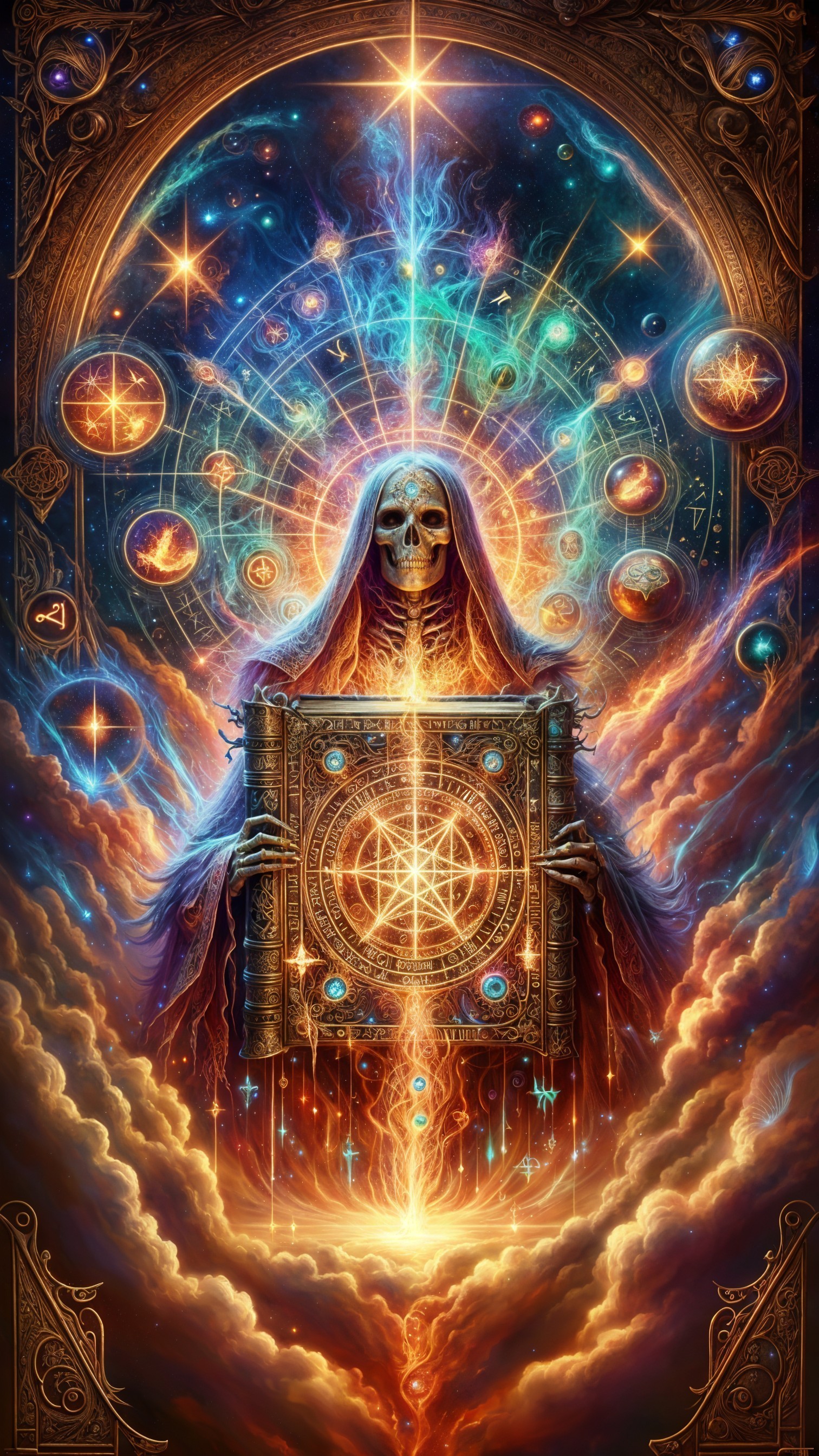 Skeletal Figure in Mystical Robe with Ancient Book