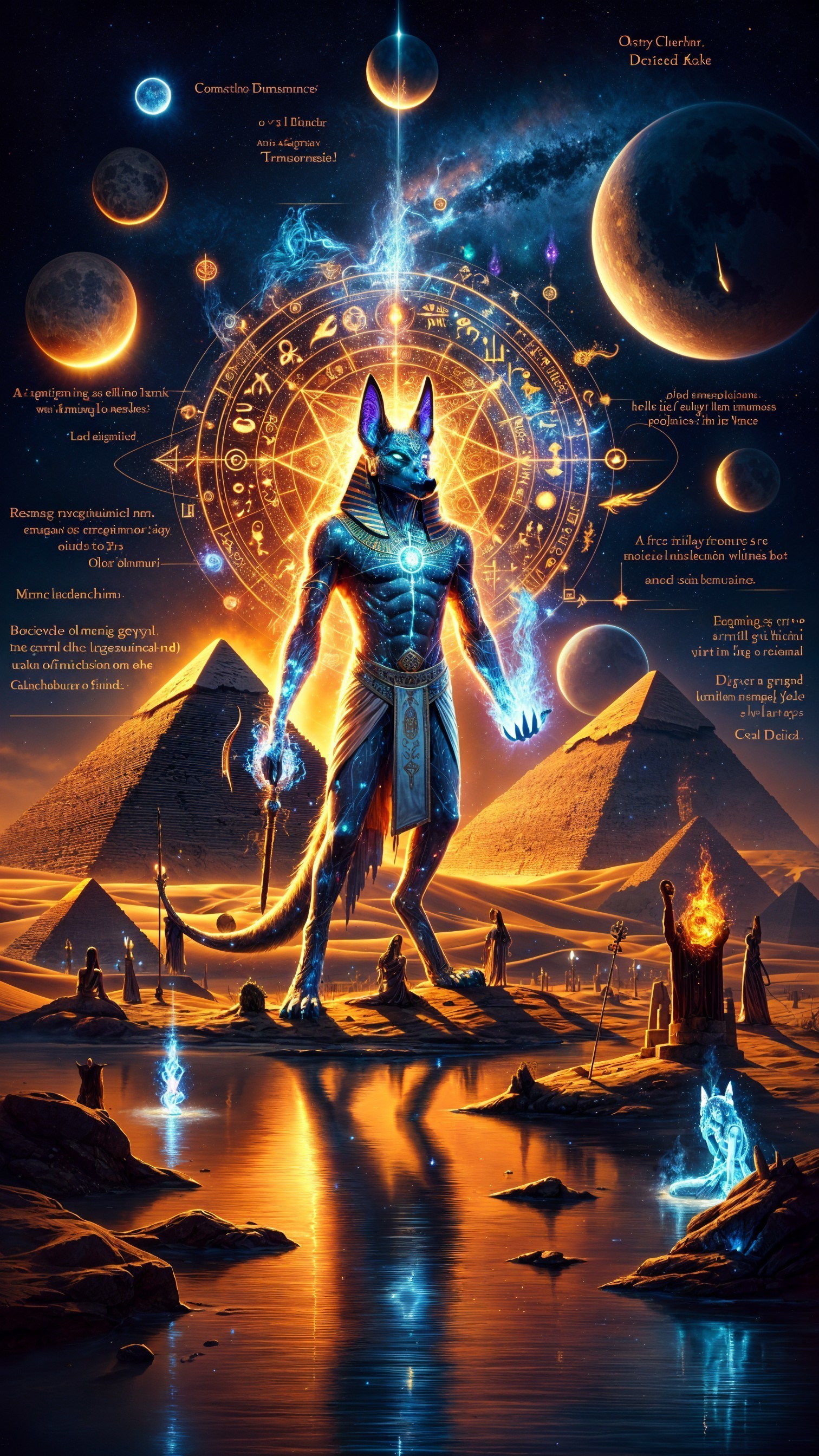 Cosmic Figure Surrounded by Illuminated Pyramids