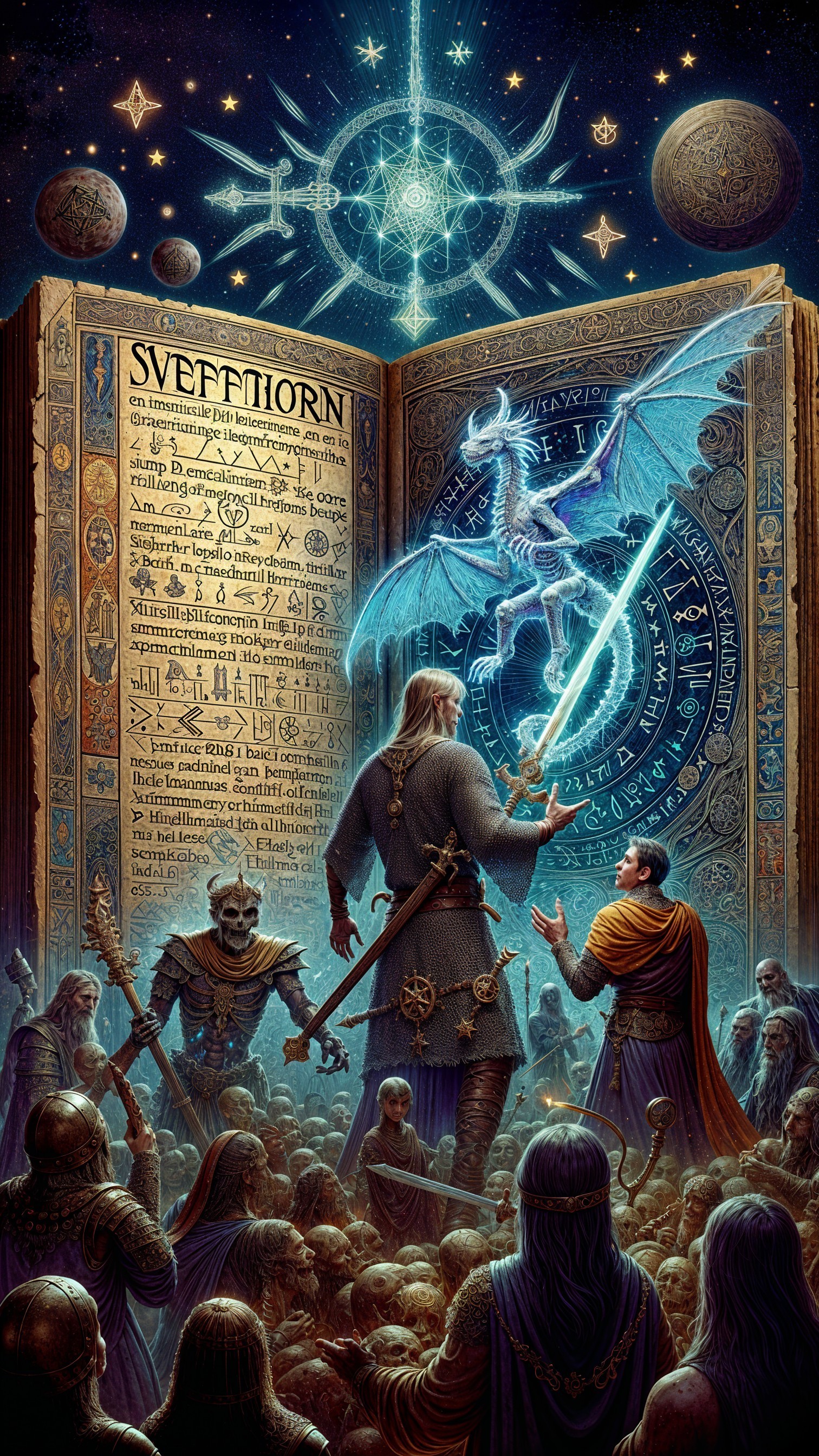 Mystical library with glowing book and dragon encounter