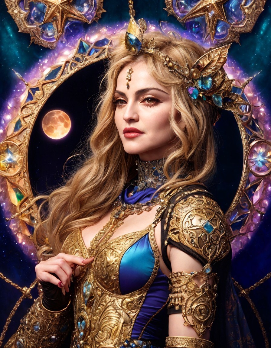 Regal figure in gold and blue attire with celestial motifs