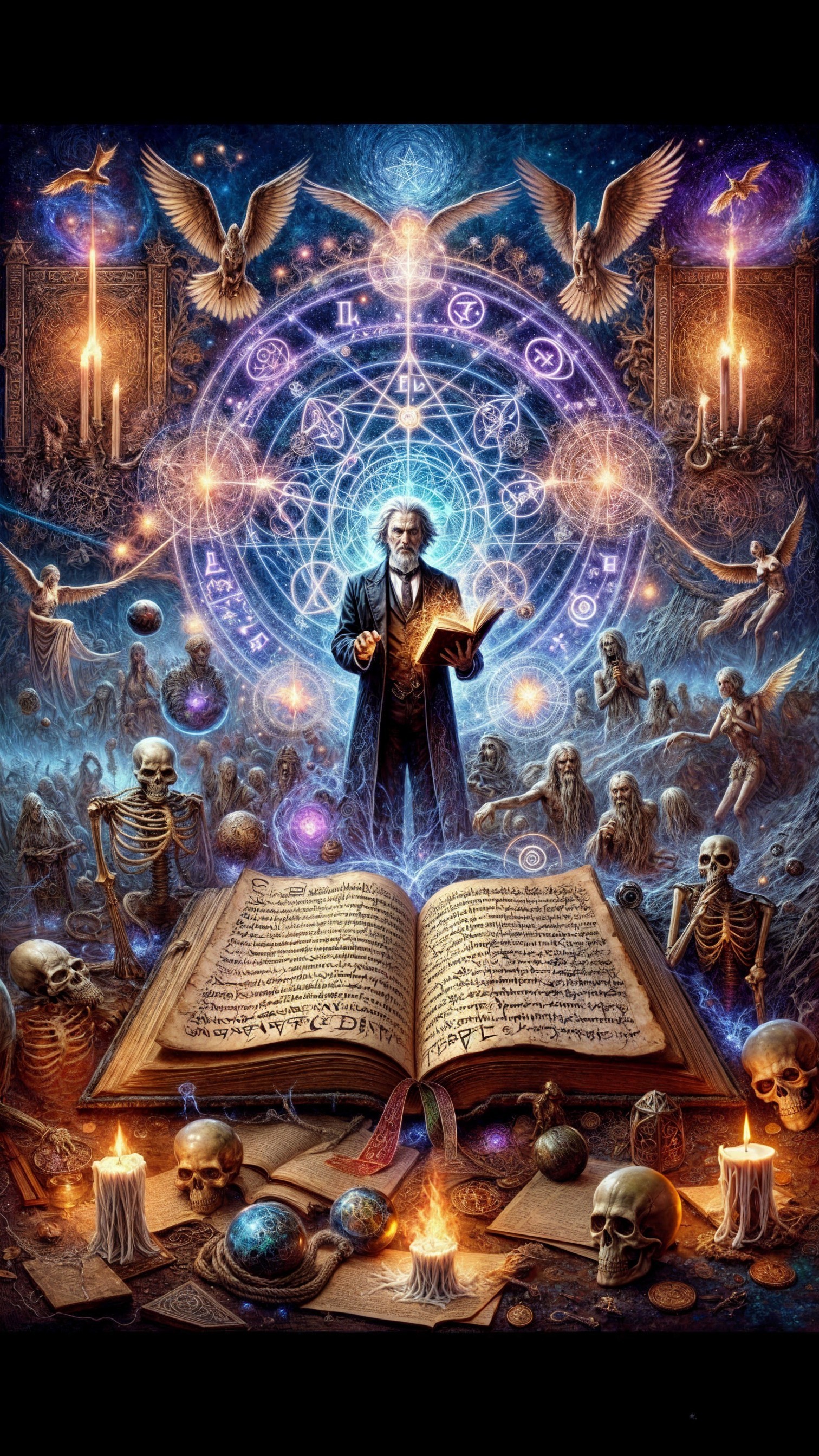 Mystical Sorcerer with Open Book and Ethereal Figures