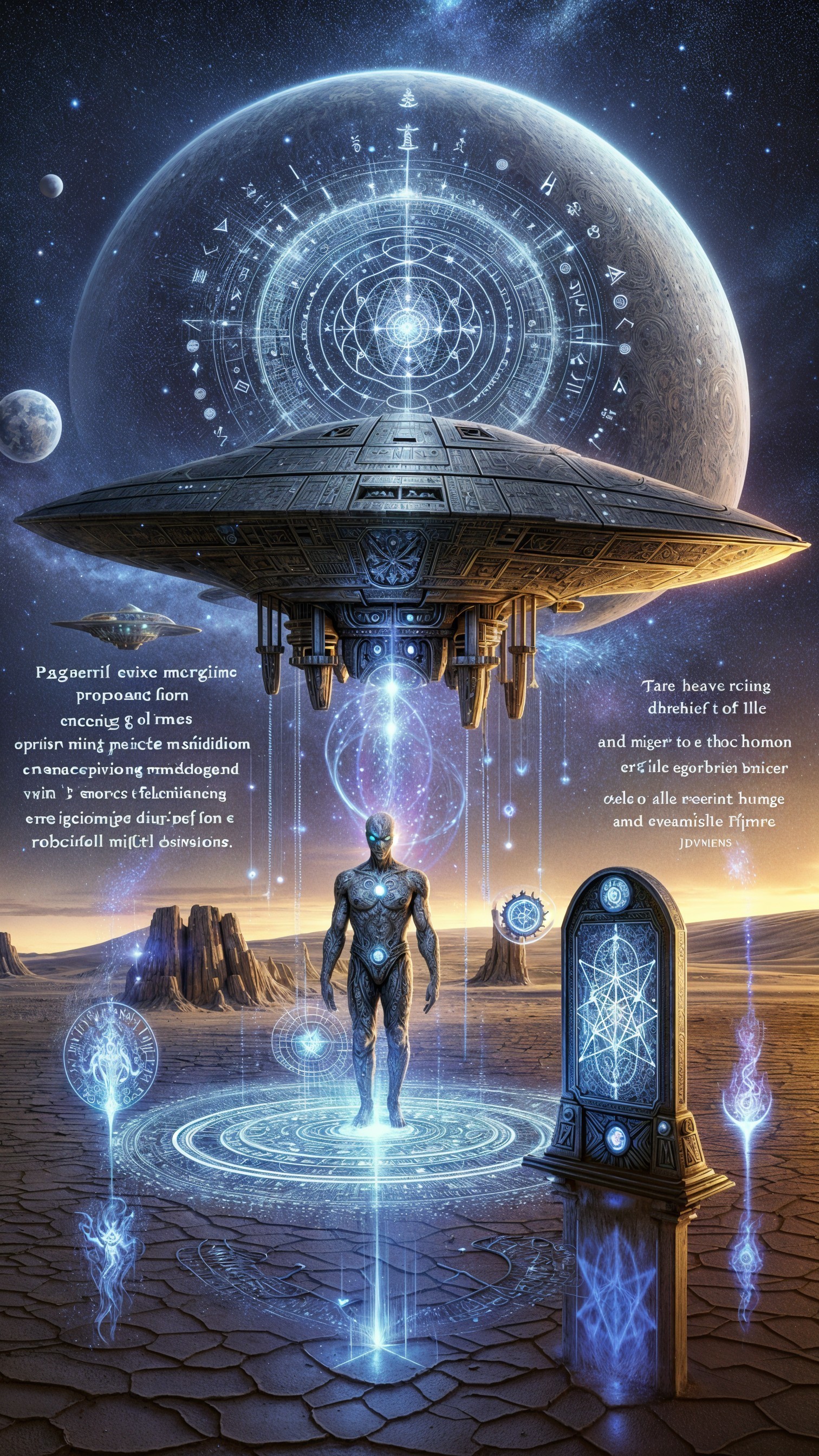 Futuristic Alien Landscape with Spacecraft and Symbols