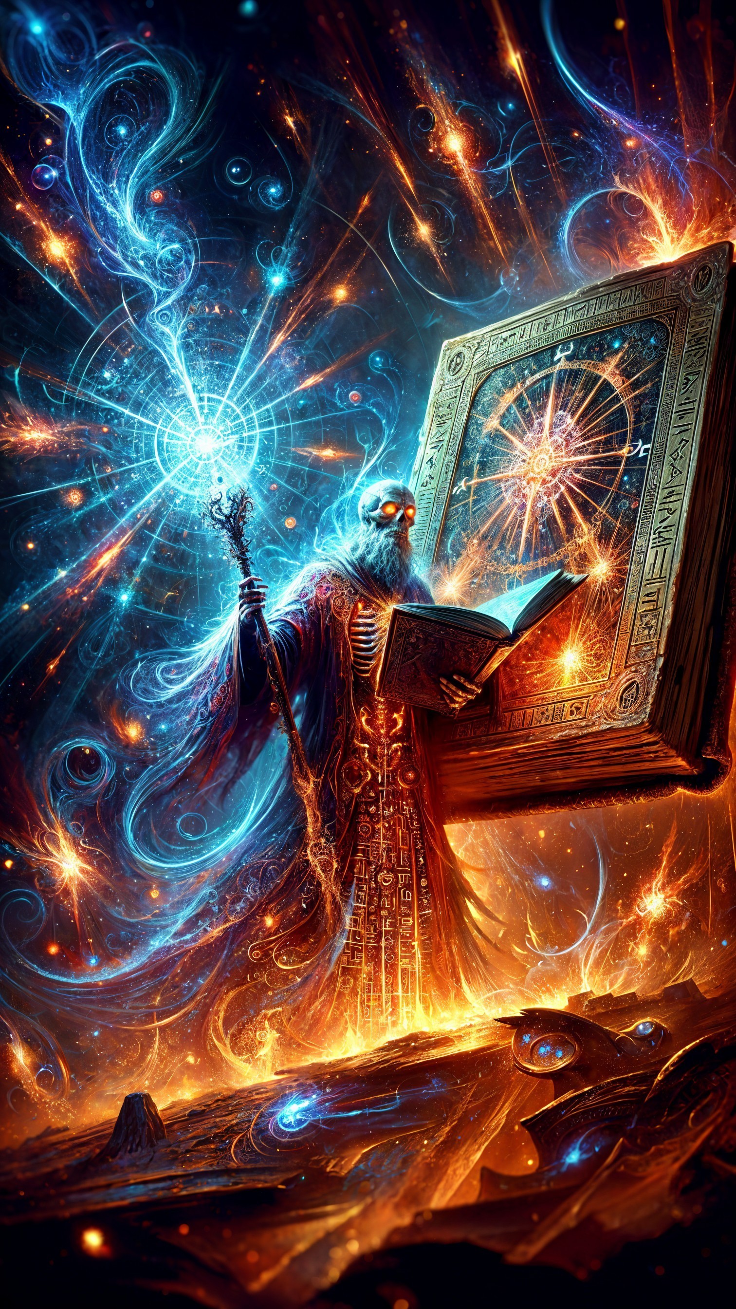 Mystical Figure with Ancient Book in Cosmic Setting
