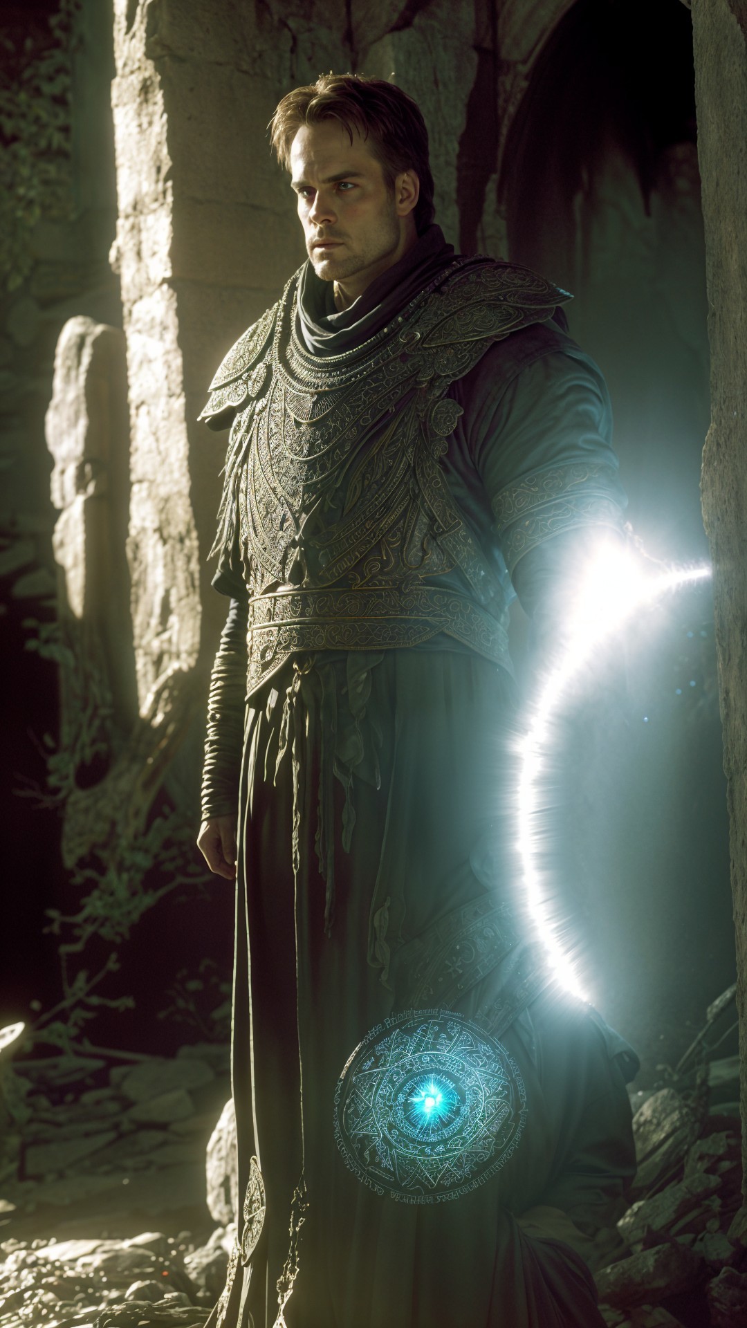 Mysterious Figure in Dark Robes at Ancient Ruins