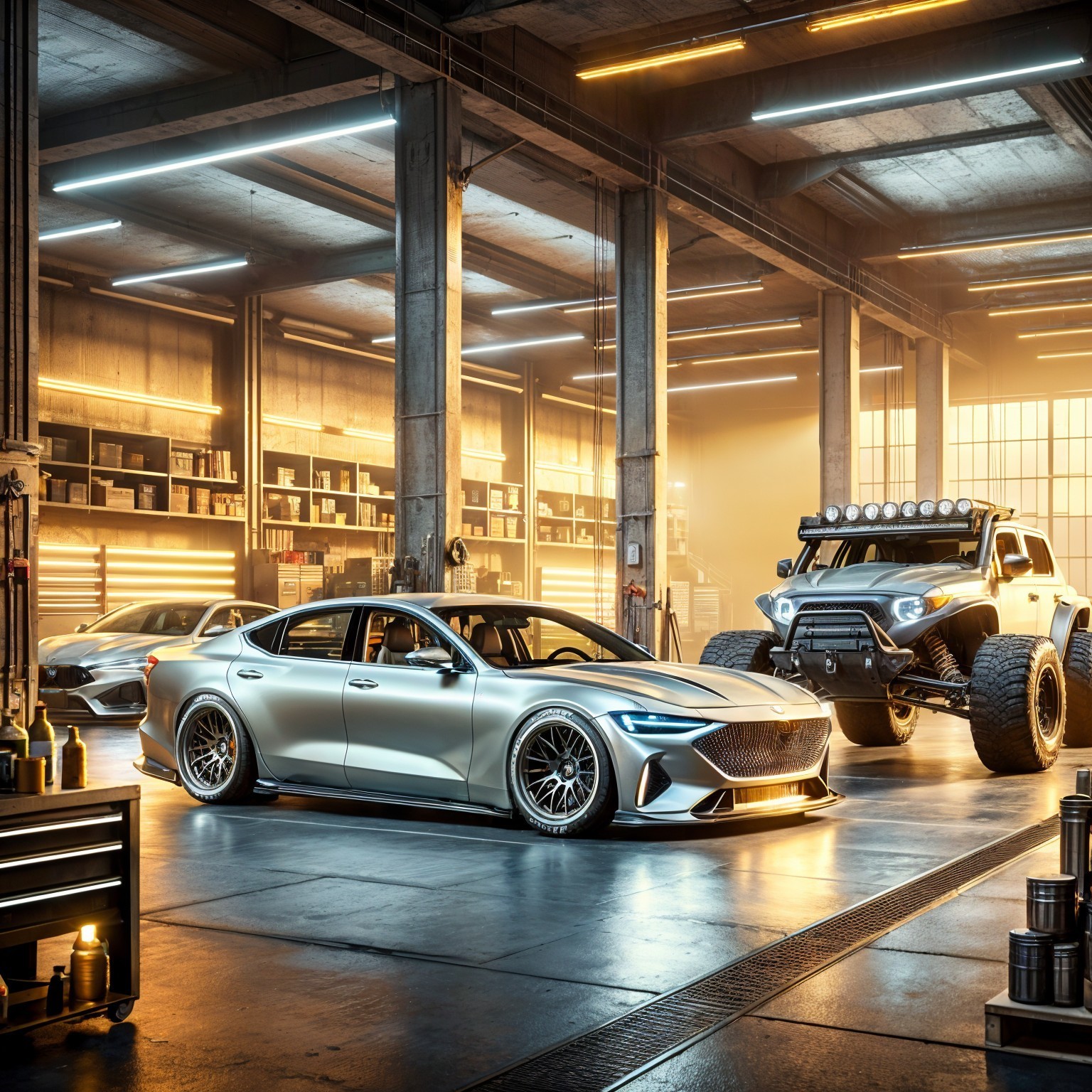 Stylish Silver Sedan and Rugged Off-Road Vehicle in Garage
