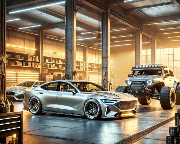 Stylish Silver Sedan and Rugged Off-Road Vehicle in Garage