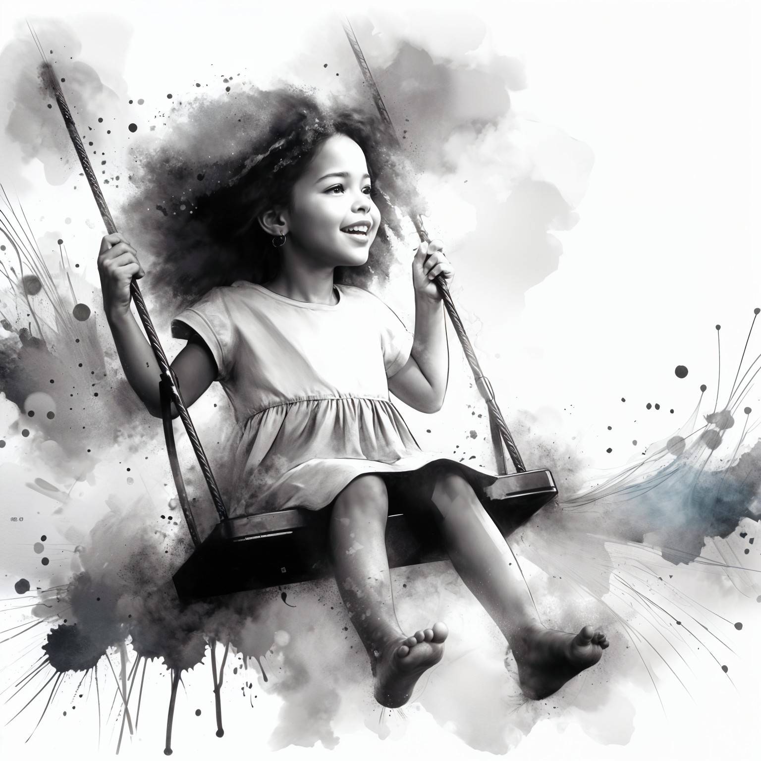 Joyful young girl swinging in soft watercolor splashes