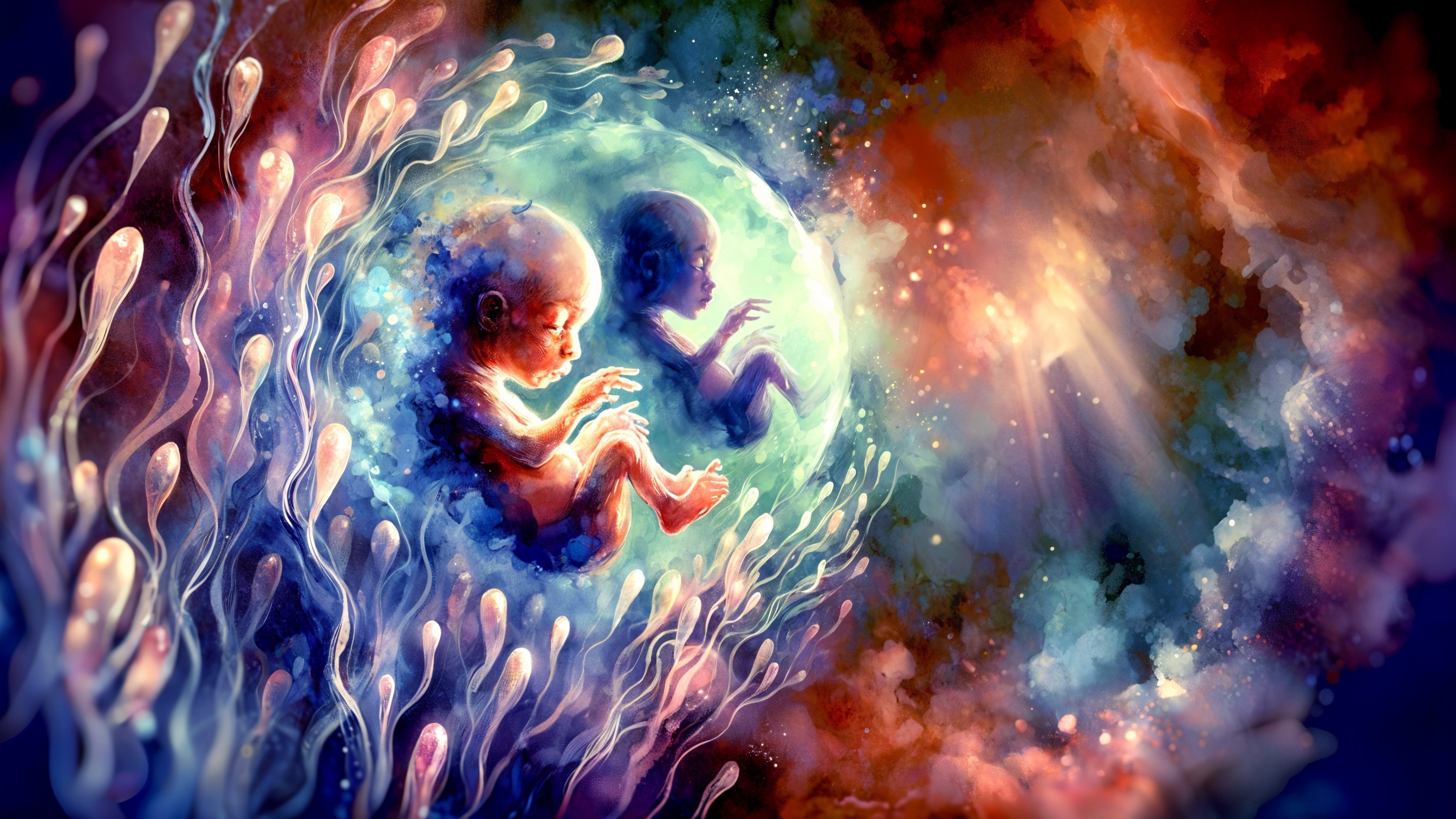 Surreal Scene of Translucent Fetal Figures in Bubble