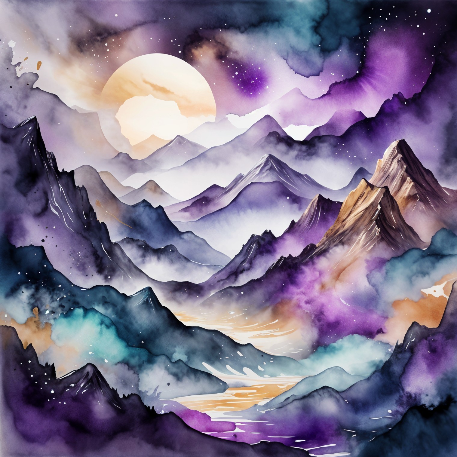 Watercolor Landscape of Majestic Mountains and Moon