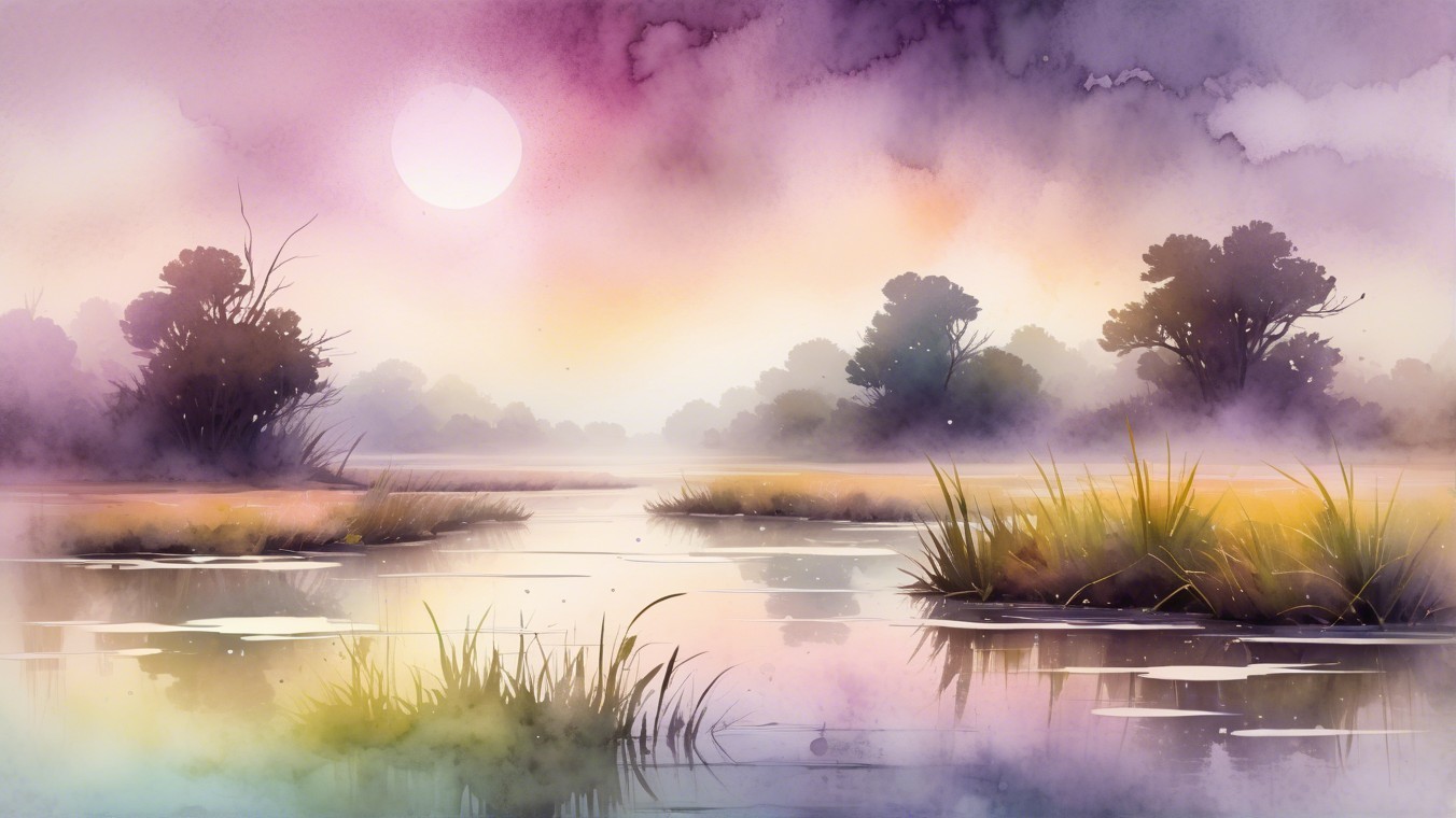 Tranquil Watercolor Marsh Landscape at Dawn