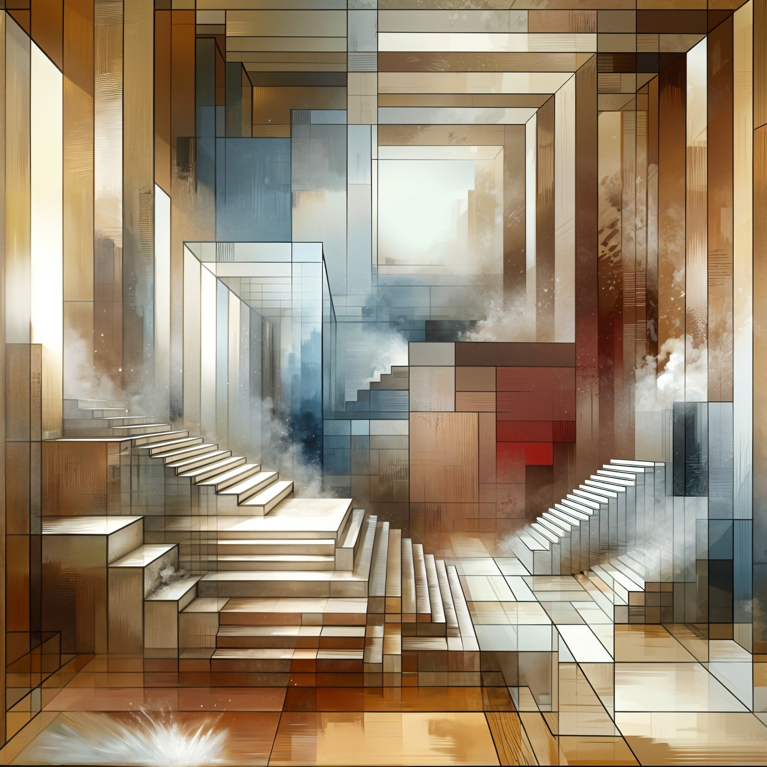 Surreal Architectural Composition with Staircases and Shapes