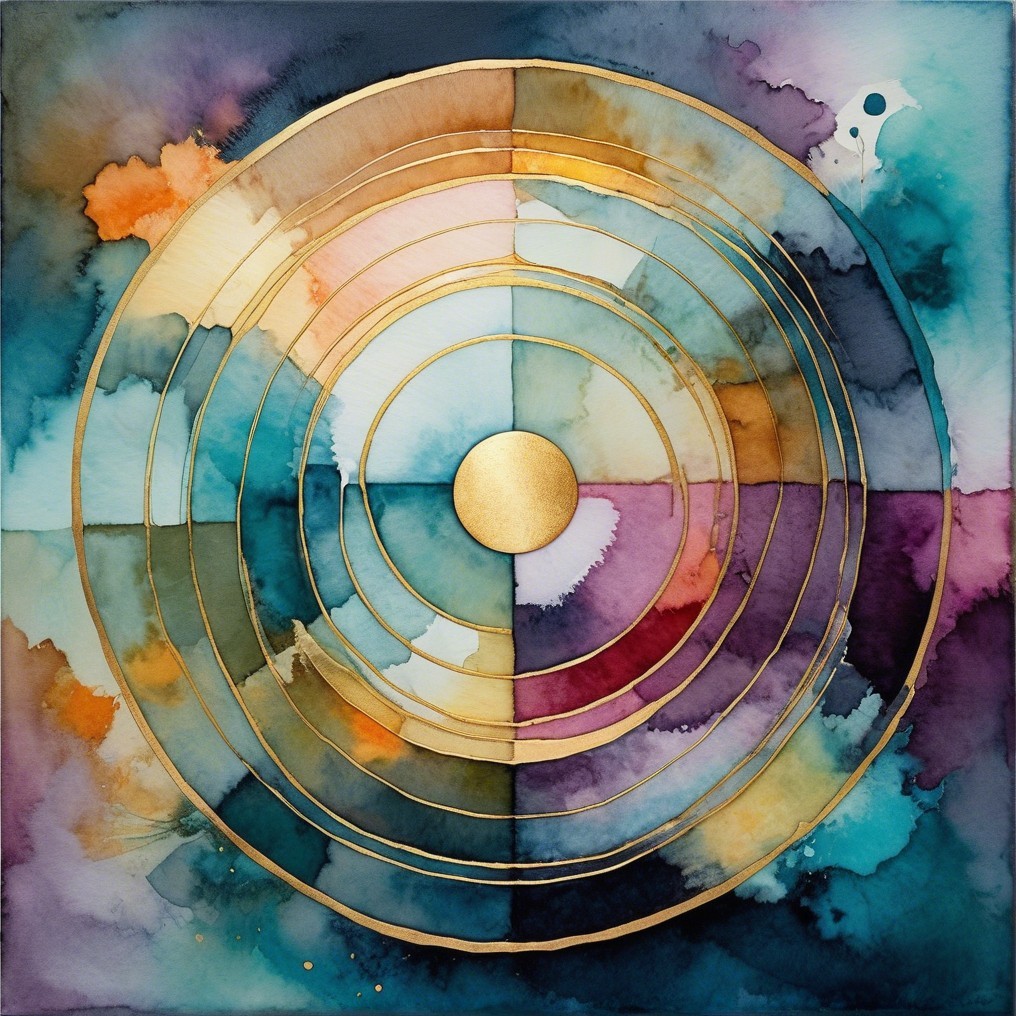 Vibrant Abstract Artwork with Gold Concentric Circles
