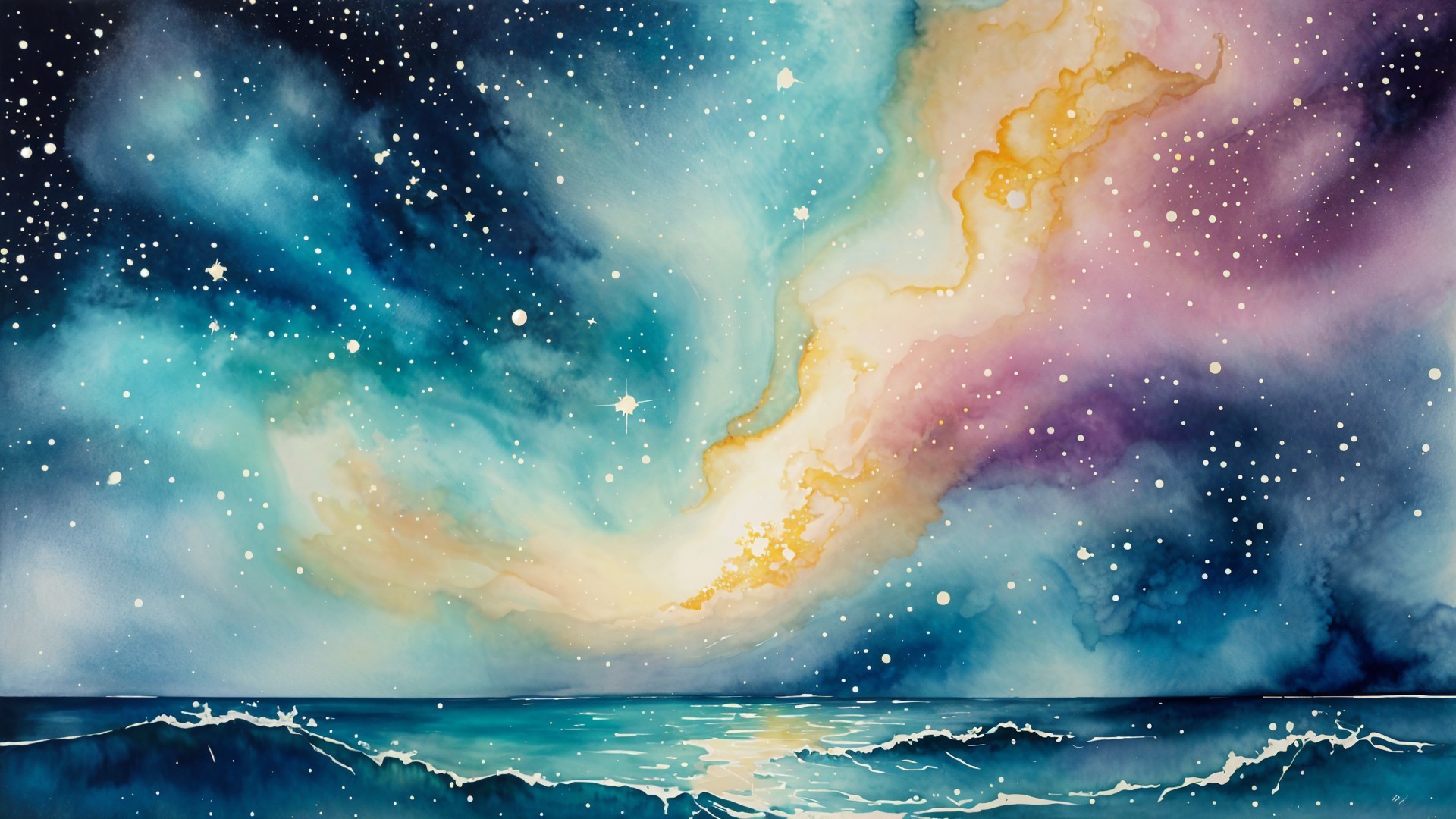 Watercolor Cosmic Sky and Ocean Landscape Scene