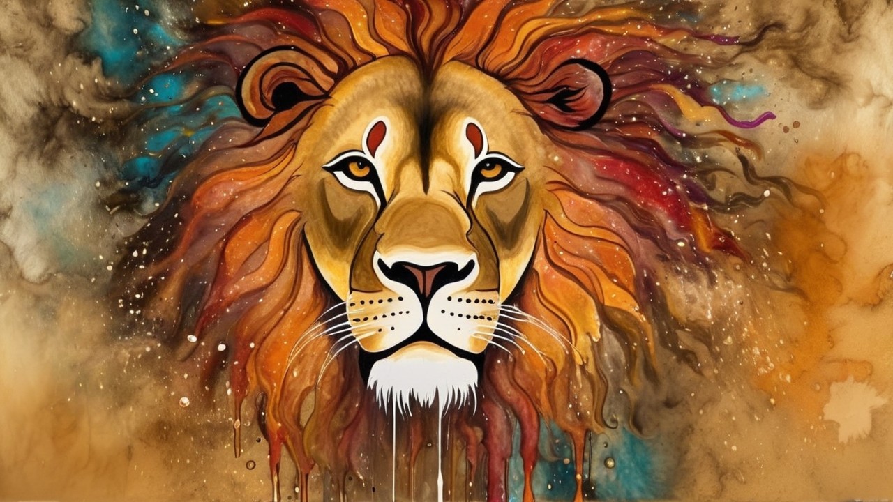 Majestic Lion Face Painting with Warm Hues and Patterns