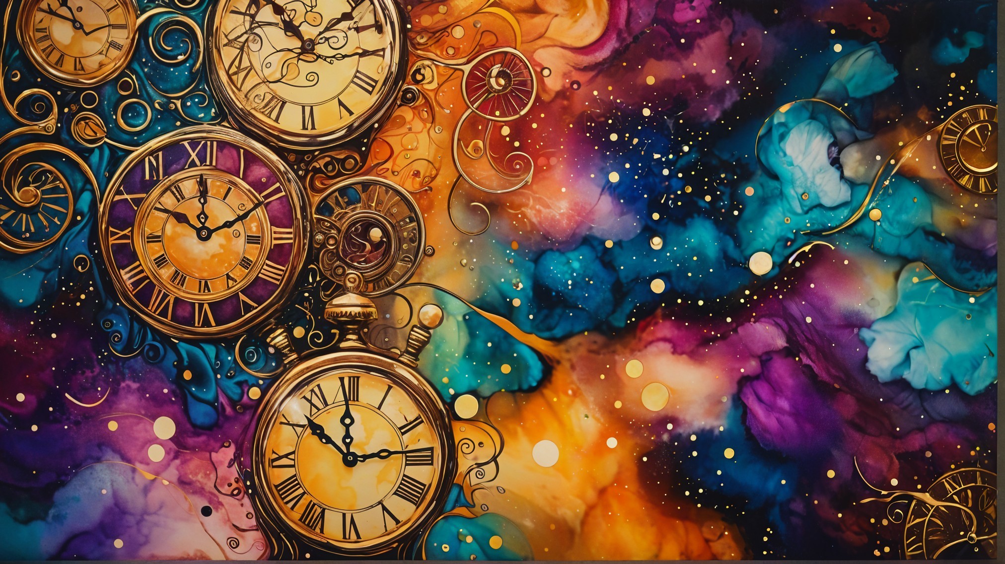 Abstract Artwork with Intricate Clocks and Cosmic Background