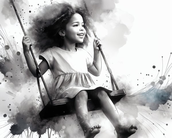 Joyful young girl swinging in soft watercolor splashes
