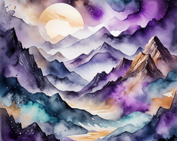 Watercolor Landscape of Majestic Mountains and Moon