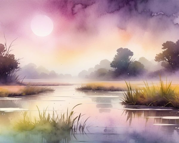 Tranquil Watercolor Marsh Landscape at Dawn