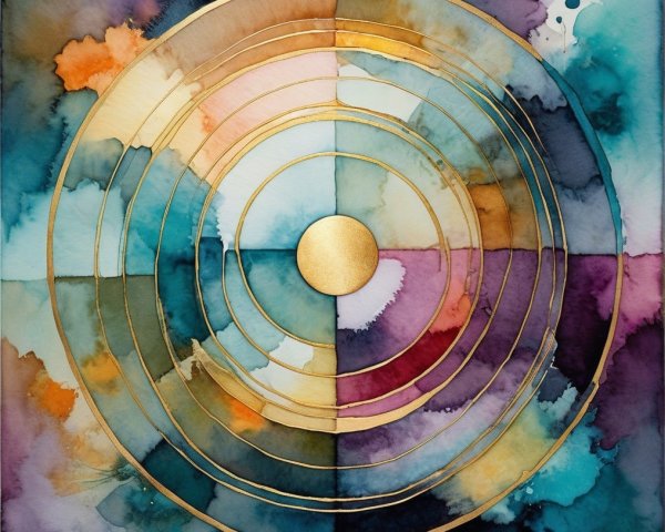 Vibrant Abstract Artwork with Gold Concentric Circles