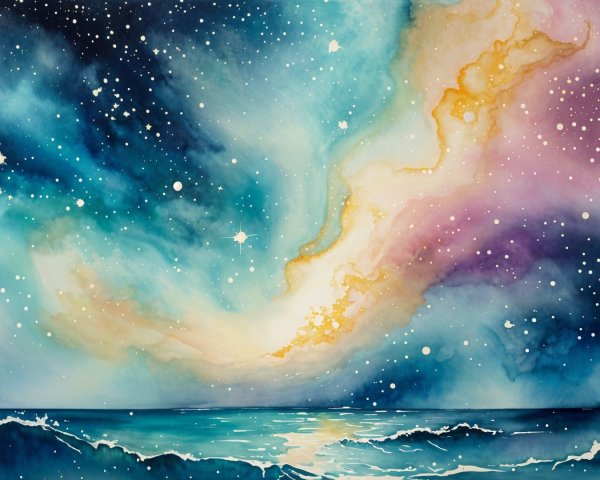 Watercolor Cosmic Sky and Ocean Landscape Scene