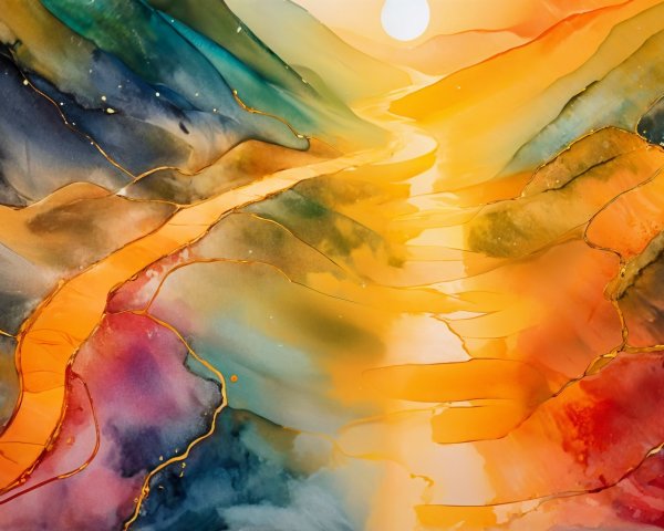 Vibrant Watercolor Landscape of River and Hills