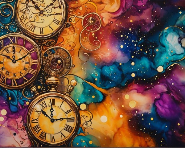 Abstract Artwork with Intricate Clocks and Cosmic Background