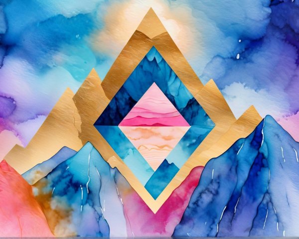 Abstract Watercolor with Geometric Diamond and Mountains