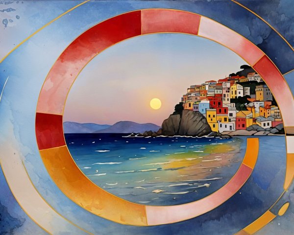 Vibrant Circular Coastal Sunset Artwork Description